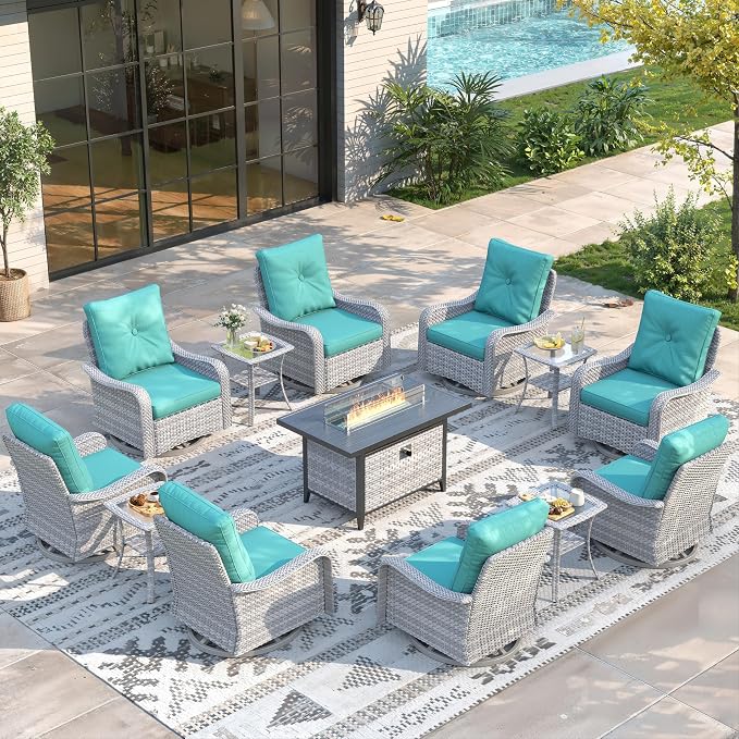 13 Piece Wicker Patio Furniture Set with 55,000 BTU Fire Pit Table, Swivel Rocking Chairs, 4''Cushions, PE Rattan, Wind Guard Glass, for Backyard, Deck or Balcony, Blue