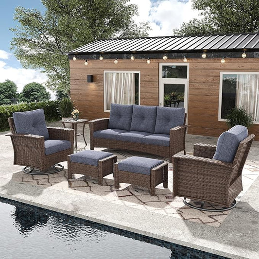 6 Pieces Outdoor Patio Furniture Set, Wicker Patio Sectional Set Conversation Wicker Swivel Chairs with Small Side Table