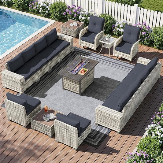 16-Piece Outdoor Patio Furniture Set with Rocking Swivel Chair, PE Wicker Rattan Sectional Sofa Patio Conversation Set with 55,000 BTU Fire Pit Table & Coffee Table, Dark Grey