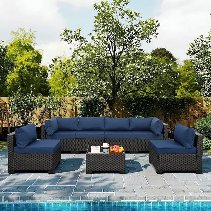 Rattaner Outdoor Sectional Sofa Set 7 Pieces Black Wicker Patio Furniture Couch Glass Table with Non-Slip Cushions Furniture Cover, Navy Blue
