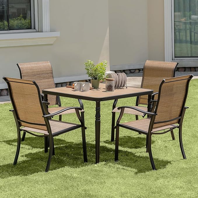 NUU GARDEN 5-Piece Outdoor Dining Se4 Textilene Chairs & 37" Square Table with Umbrella Hole and Faux Wood Tabletop,Outdoor Furniture for Backyard, Deck, Yard, Garden,Black Brown