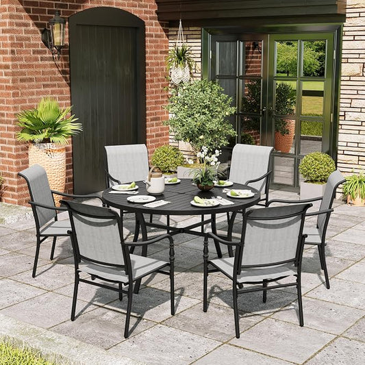 MIXPATIO Patio Table and Chairs Set, 7 Pieces Patio Dining Set with 6 Textilene Chairs, and Round Outdoor Dining Table with Umbrella Hole for Garden Lawn Porch and Backyard Poolside, Grey