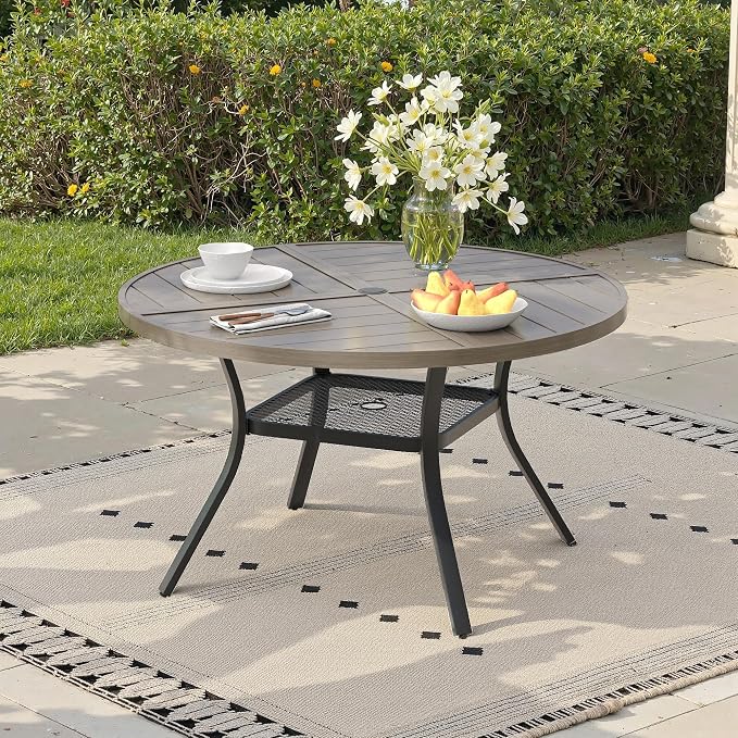 40.6" Outdoor Dining Table with Adjustable Umbrella Hole, Metal Slatted Round Patio Dining Table for Backyard Garden Deck, Antique Grey