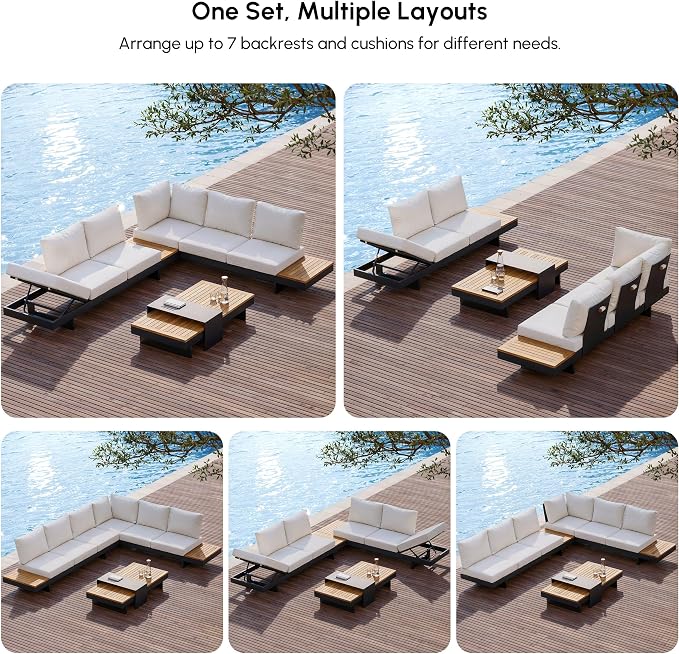 homary 4-Piece Modular Outdoor Sofa Set, Aluminum & Teak Patio Conversation Set with 600D Waterproof Covers, Adjustable Backrests, Fade-Resistant Cushions for Patio, Balcony, Deck