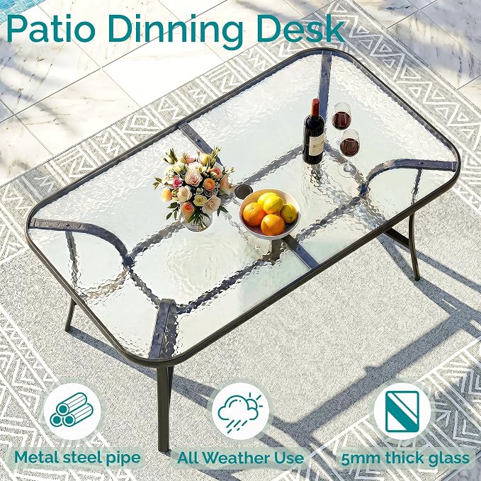 MAMIZO 7 Pieces Patio Dining Set for 6, Outdoor Table and Chairs w/Rectangle Glass Table and 6 Textilene Stackable Chairs, Patio Furniture Set w/1.69" Umbrella Hole (Black Table & Sky Blue Chair)