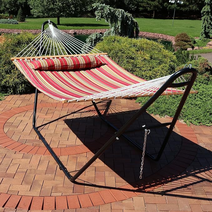 Sunnydaze Quilted Double Hammock with Stand for Outside - 440 lb Capacity Universal Black Steel Stand - UV Resistant, Quick Dry Fabric - Pillow, Chains, and Hardware Included - Red Stripes