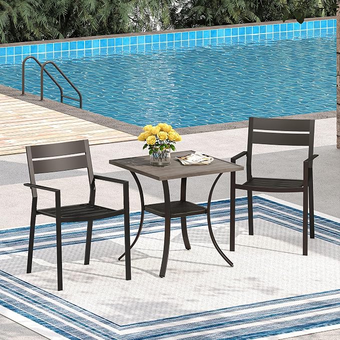 VICLLAX Small Patio Dining Table, 28"x 28" Metal Slatted Tabletop with Storage Shelf for Deck Lawn Garden Backyard, No Umbrella Hole, Antique Grey Tabletop