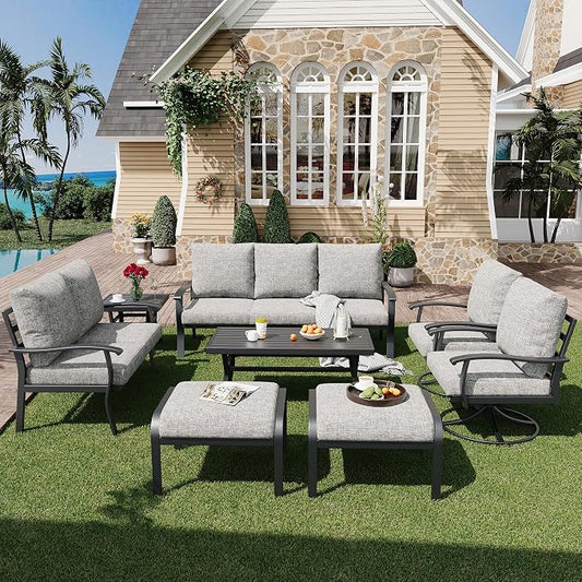 HOMREST Outdoor Furniture Thickened Cushion 360 Degree Swivel Rocking Patio Chairs with Ottomans and 3-Seat Sofa, Loveseat, Coffee Side Table, 8 PCS Metal Conversation Set for Garden, Deck, Poolside
