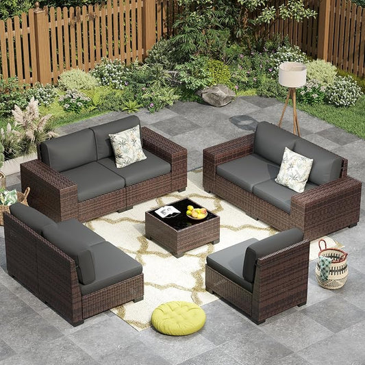 Outdoor Patio Furniture Set, 8‘’ Wide armrest Outdoor Sectional Rattan Sofa Set, Wicker Patio Furniture Sets w/Coffee Table,Thick Cushions for and Cover for Porch, Deck,8 PCS(Brown&Grey)