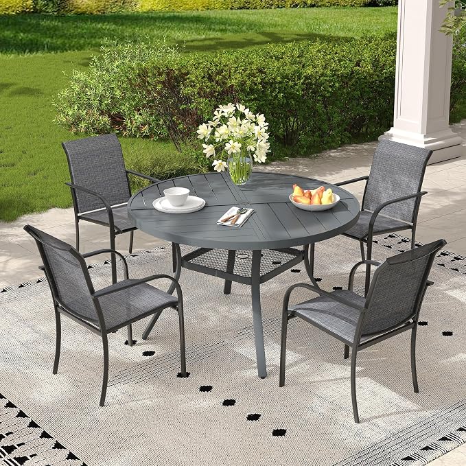 5 Pieces Outdoor Dining Set, Stackable Textilene Paito Chairs & 40.5" Round Dining Table with Umbrella Hole and Shelf, Patio Dining Set for Backyard, Deck, Garden, Grey & Dark Grey