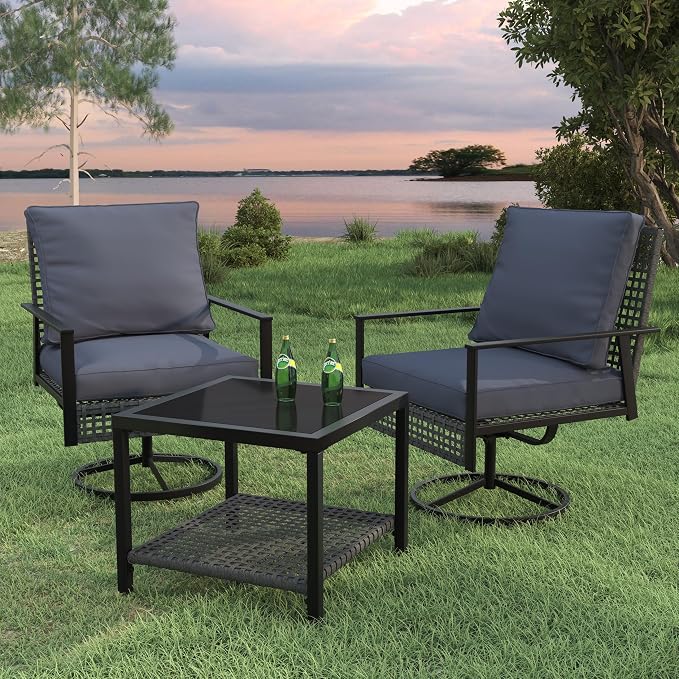 Ainfox 3 Pieces Patio Wicker Chairs Swivel Rocker, Outdoor Swivel Rocker Patio Chairs with Rattan Side Table, Patio Furniture Set for Patio Porch Pool, Grey