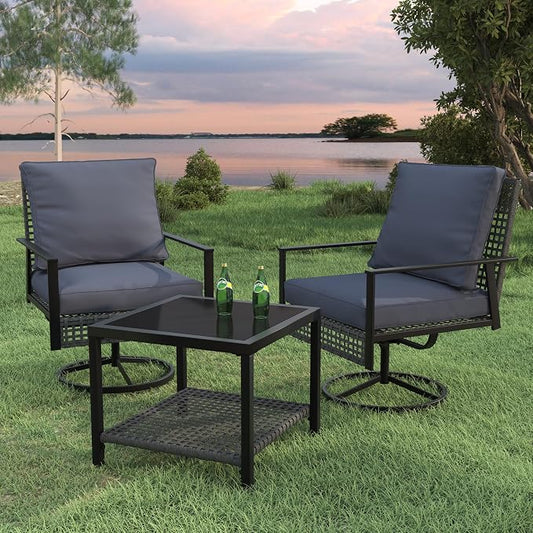 Ainfox 3 Pieces Patio Wicker Chairs Swivel Rocker, Outdoor Swivel Rocker Patio Chairs with Rattan Side Table, Patio Furniture Set for Patio Porch Pool, Grey