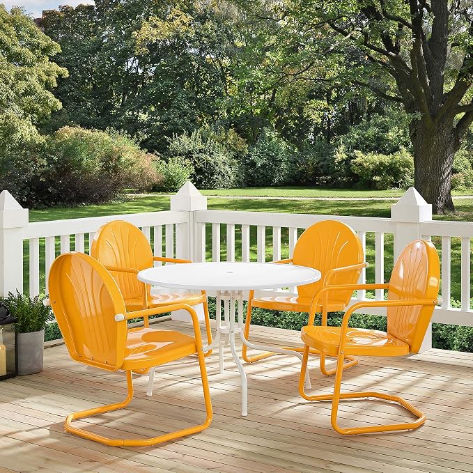 Crosley Furniture Griffith 5-Piece Outdoor Dining Set for 4, Retro Metal Round Patio Table and Chairs, White and Tangerine