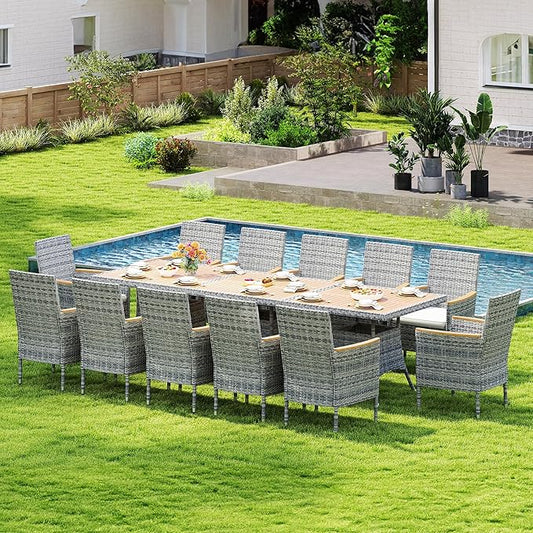 Wisteria Lane Patio Dining Sets for 12, All Weather Rattan Outdoor Table and Chairs with Acacia Wood Tabletop, Patio Dining Furniture with Removable Cushions for Deck Garden, Backyard, Gray