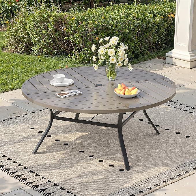 60" Outdoor Dining Table with Adjustable Umbrella Hole, Metal Slatted Round Patio Dining Table for Backyard Garden Deck, Antique Grey