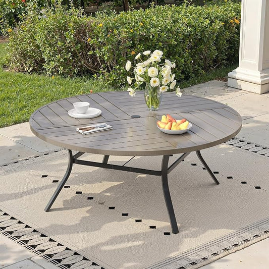 60" Outdoor Dining Table with Adjustable Umbrella Hole, Metal Slatted Round Patio Dining Table for Backyard Garden Deck, Antique Grey