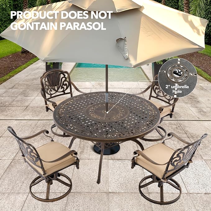 5-Piece Cast Aluminum Outdoor Table and Chairs, Classic Vintage Patio Dining Set for 4 Include 54.5" Round Dining Table and 4 Swivel Chairs with Removable Cushion and Umbrella Hole