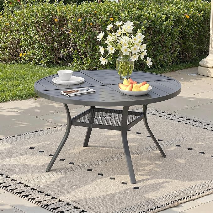 40.6" Outdoor Dining Table with Adjustable Umbrella Hole, Metal Slatted Round Patio Dining Table for Backyard Garden Deck, Dark Grey