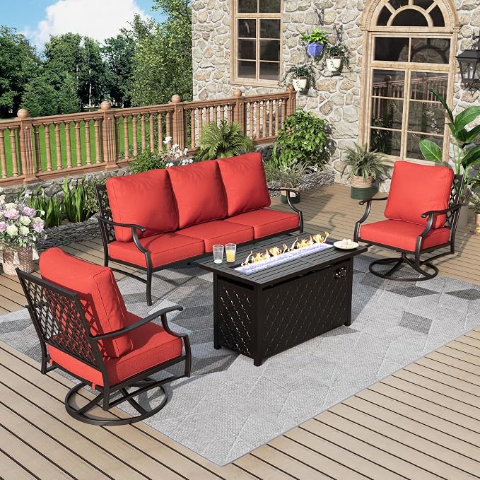MIXPATIO Patio Furniture Set, 4 Pcs Metal Outdoor Conversation Set, 2 Swivel Chairs and 3 Seater Sofa with 5.75" Extra Thick Cushion and Gas Fire Pit Table for Backyard Deck, Red