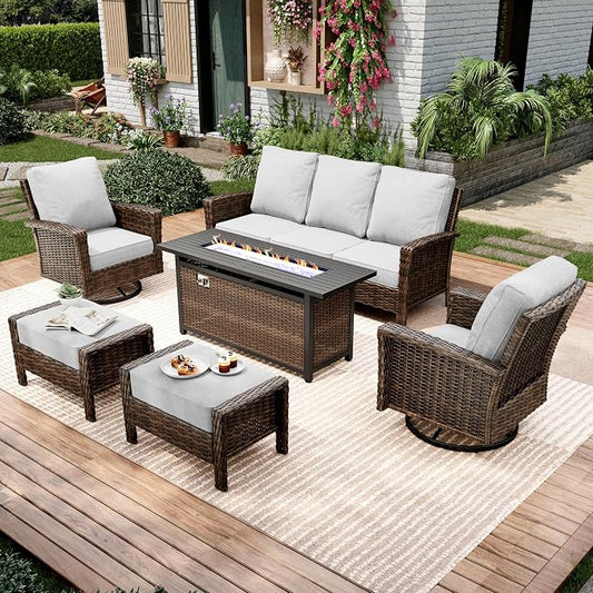 MIXPATIO 6-Piece Wicker Patio Furniture Set with Swivel Chairs, High Back Outdoor Furniture with Fire Pit Table and Ottoman, All-Weather Wicker Patio Conversation Set for Deck Yard Pool, Grey
