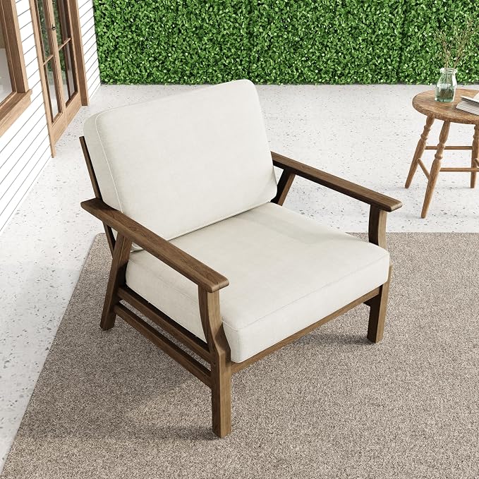 3 Piece Wood Patio Chair Outdoor Bistro Set, Outdoor Armchair All Weather Patio Sofa Furniture Backyard Conversation Sets with Wooden Side Table, Beige