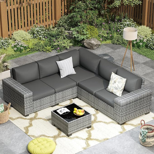 6 Pieces Patio Furniture Set, Wide Arm Outdoor Patio Sectional Couch Set, All Weather Wicker Rattan Conversation Set w/Cushions and Glass Table and Waterproof Cover, Grey & Grey