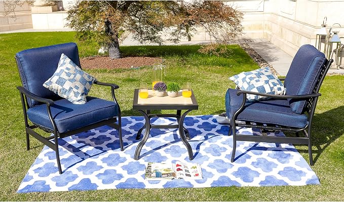 LOKATSE HOME 3 Piece Outdoor Furniture Set with 2 Patio Bistro Conversation Chairs and 21 inch Square Dining Table, Blue