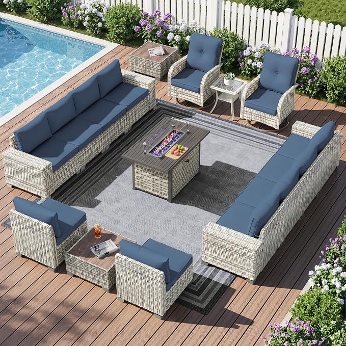 16-Piece Outdoor Patio Furniture Set with Rocking Swivel Chair, PE Wicker Rattan Sectional Sofa Patio Conversation Set with 55,000 BTU Fire Pit Table & Side Table, Navy Blue
