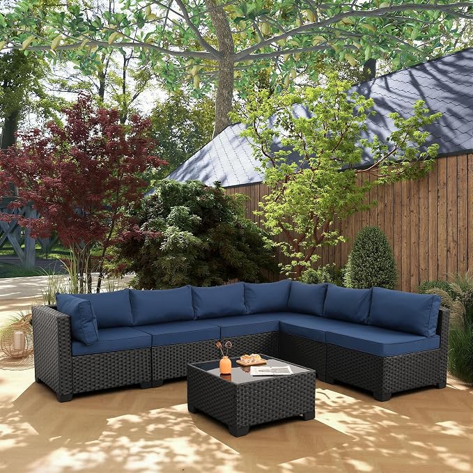 Rattaner Outdoor Sectional Sofa Set 7 Pieces Black Wicker Patio Furniture Couch Glass Table with Non-Slip Cushions Furniture Cover, Navy Blue