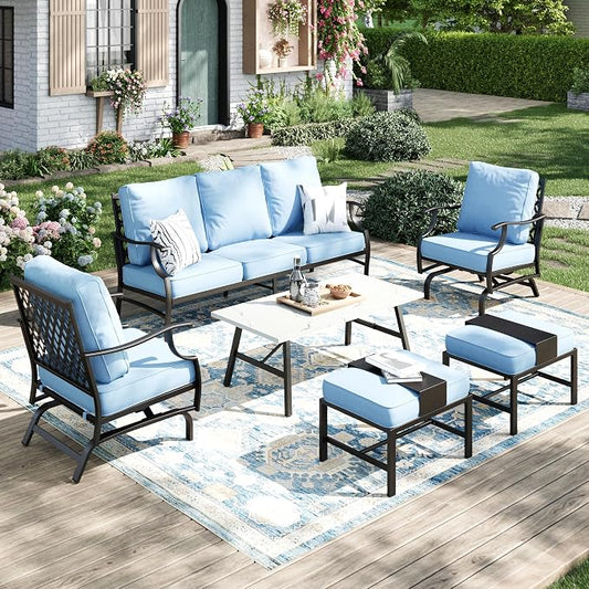 MIXPATIO Patio Furniture Set 6 pcs, Outdoor Patio Furniture, 3-Seat Sofa, 2 Rocking Chairs, 2 Ottomans, Coffee Table and 5.75" Extra Thick Cushion, Patio Conversation Set for Backyard Deck,Blue