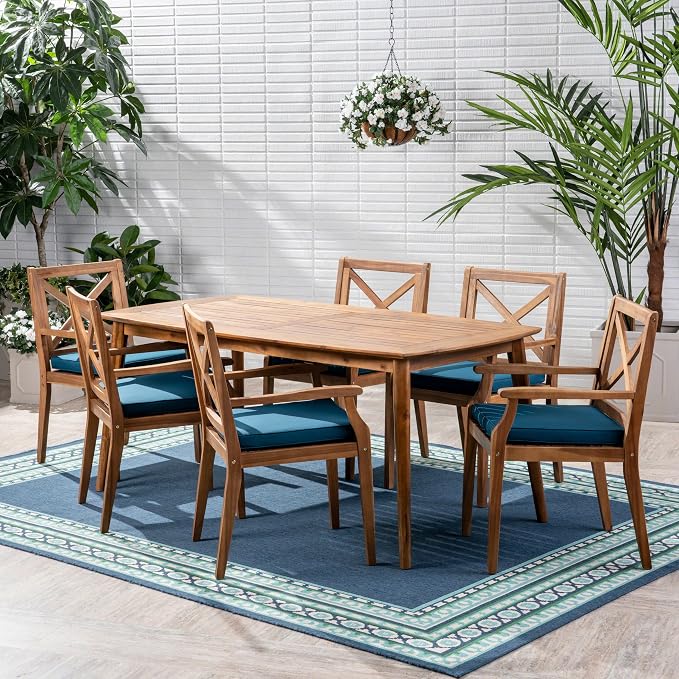 Christopher Knight Home Harvey Outdoor 7 Piece Acacia Wood Dining Set, Teak Finish/Blue