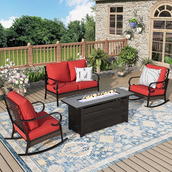 MIXPATIO Patio Furniture Set with Fire Pit Table, 4 PCS Metal Outdoor Conversation Set with 5.75'' Extra Thick Cushion, 2 Rocking Chairs, Loveseat Sofa and Gas Fire Pit Table, Red