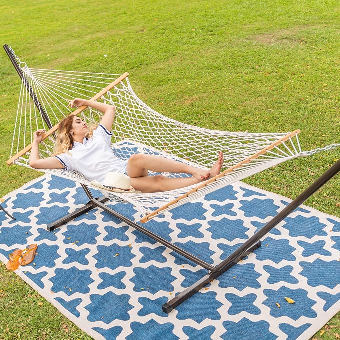 Lazy Daze Hammocks 2 Person Portable Hammock with 12FT Stand, Double Traditional Hand Woven Cotton Rope Hammock and Pillow for Outside, 450lbs Weight Capacity for Patio Backyard