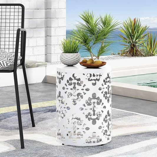 14" Cylindrical Side Table with Floral Iron Cut, Stylish End Table with Powder-Coated Iron, Practical Accent Table with No Assembly for Outdoor Patio Garden, White