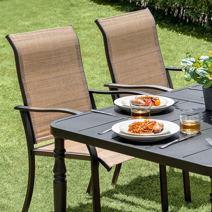 NUU GARDEN Outdoor 7-Piece Dining Set with Powder-Coated Metal Frame, Patio Metal Dining Set with 6 Textilene Chairs, Table with Umbrella Hole, for Patio, Lawn, Garden, Porch, Black and Brown
