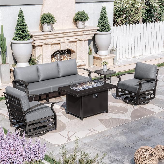 Kurapika Aluminum Patio Furniture Set 5-Seat Modern Metal Outdoor Conversation Sets w/45in Propane Fire Pit Table, Swivel Rocking Chairs Patio Sectional Sofa w/5.1 Inch Cushion, Grey