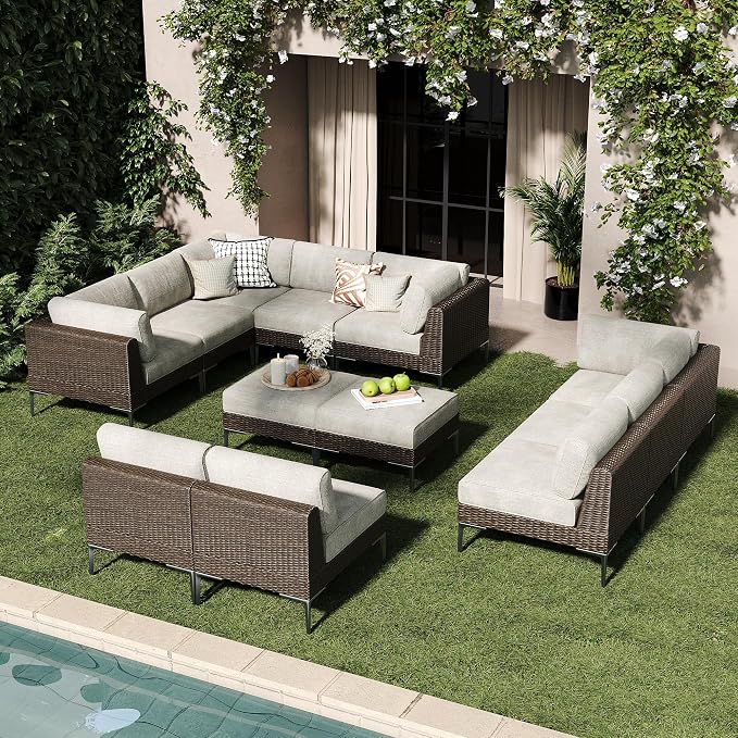 LayinSun 12-Piece Wicker Rattan Patio Furniture Set, Deep Seating Outdoor Modular Sectional Sofa Conversation Set with Thick Cushions for Lawn, Garden