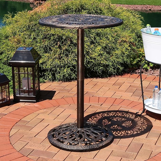 Sunnydaze 40-Inch H Cast Iron Bar Height Patio Table - 26-Inch Tabletop Diameter - Bronze Color