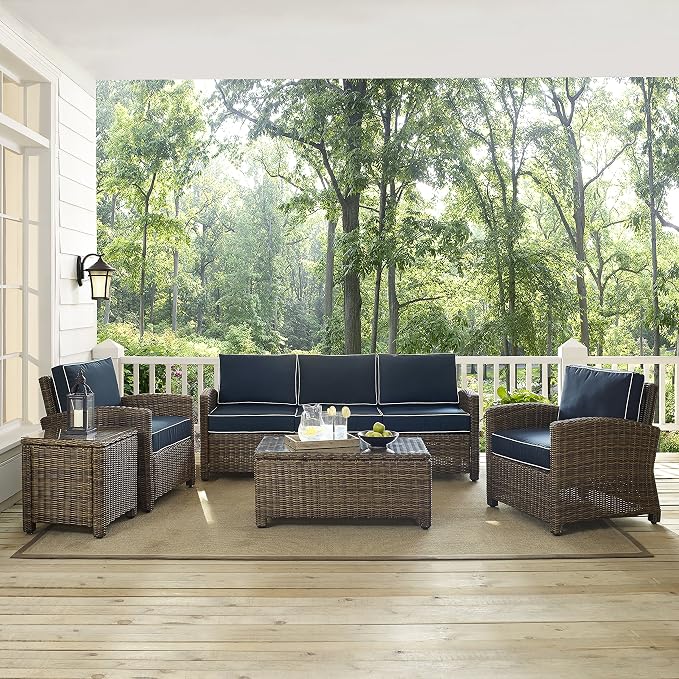 Crosley Furniture Bradenton 5-Piece Outdoor Sofa Patio Furniture Set, Wicker Conversation Sets for Porch, Brown with Navy Cushions