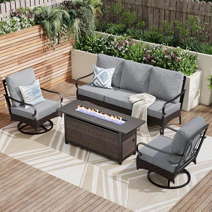 PHI VILLA Patio Furniture Set with 56" Fire Pit Table, Premium Outdoor Wicker Metal Frame Furniture with Upgraded Waterproof Thick Cushions for Porch, Poolside, Deck, and Yard （4 Pieces, Grey