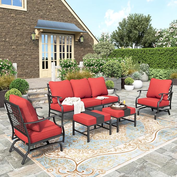 HERA'S HOUSE 5 Pieces Patio Furniture Set, 2 x Rocking Chair, 2 x Ottoman, 1 x 3-Seat Sofa, All Cushioned 7 Seats Metal Outdoor Conversation Set for Lawn Garden Backyard