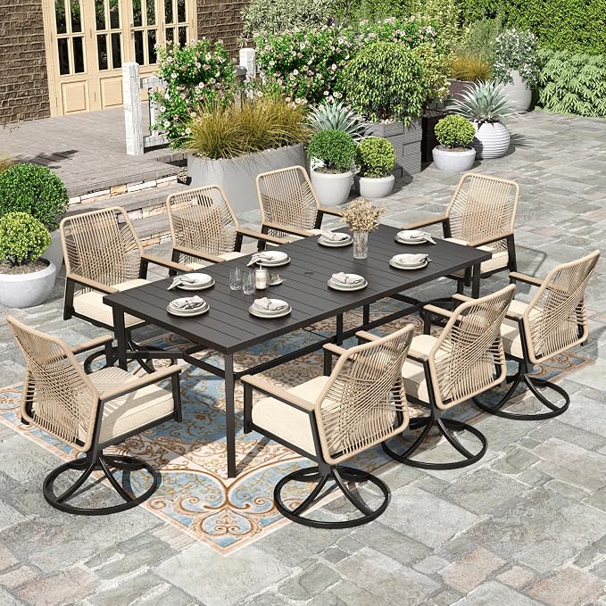 HERA'S HOUSE 9pc Patio Dining Set, 83" Metal Table & Swivel Rattan Chairs | Rectangle table with umbrella hole, 8 cushioned chairs. Waterproof, rust-resistant, all-weather for backyard, porch.