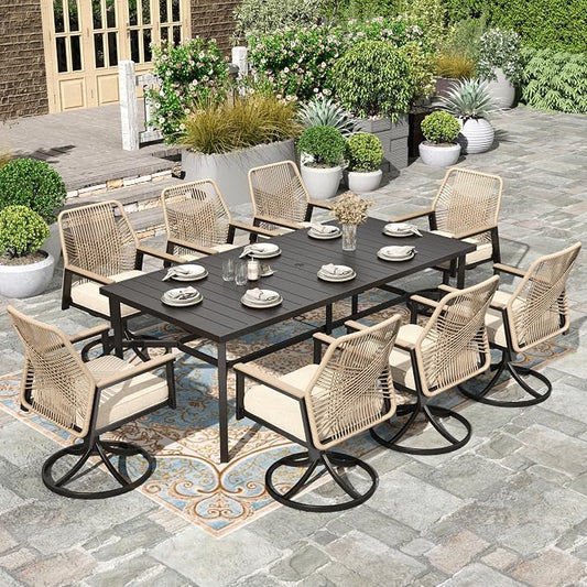 HERA'S HOUSE 9pc Patio Dining Set, 83" Metal Table & Swivel Rattan Chairs | Rectangle table with umbrella hole, 8 cushioned chairs. Waterproof, rust-resistant, all-weather for backyard, porch.