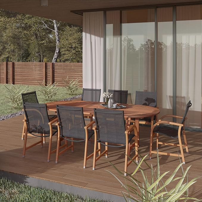Amazonia Bahamas 9-Piece Patio Square Dining Table Set | Eucalyptus Wood | Ideal for Outdoors and Indoors