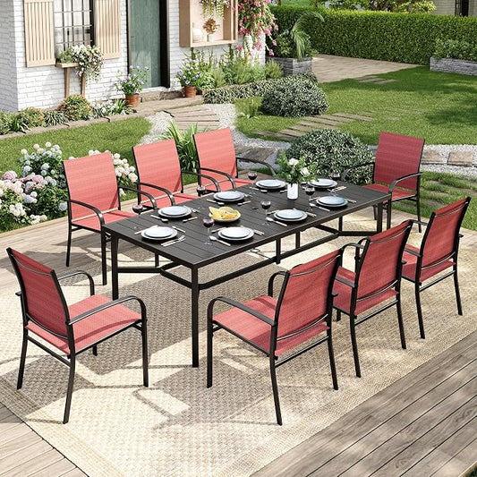 MIXPATIO 9 Pieces Patio Table and Chairs Set, Patio Dining Set for 8, Red Textilene Chairs and 83” Rectangular Patio Dining Table with Umbrella Hole, for Deck Backyard Lawn Poolside