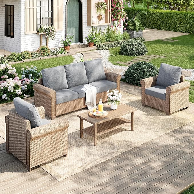 MIXPATIO Patio Furniture Set 4 pcs, Wicker Outdoor Patio Furniture, 3-Seat Sofa, 2 Single Chairs and Coffee Table, Rattan Patio Conversation Set for Backyard Deck, Grey