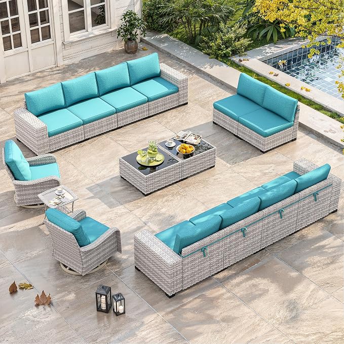 15 Piece Outdoor Wicker Sectional Sofa Set with Swivel Chairs, 12-Seats Conversation Set with 4" Thickened Cushions & Coffee Table, All-Weather PE Rattan for Garden, Backyard, Porch, Turquoise