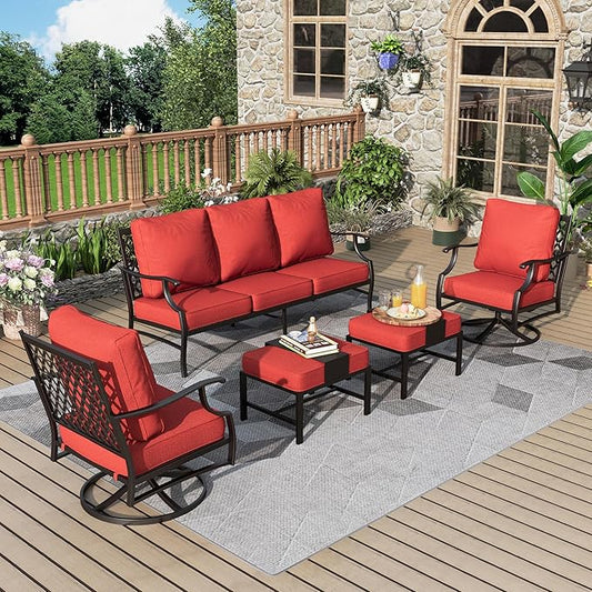 MIXPATIO Patio Furniture Set 5 pcs, Outdoor Patio Furniture, 3-Seat Sofa, 2 Swivel Chairs, 2 Ottomans and 5.75" Extra Thick Cushion, Patio Conversation Set for Garden Backyard Deck,Red