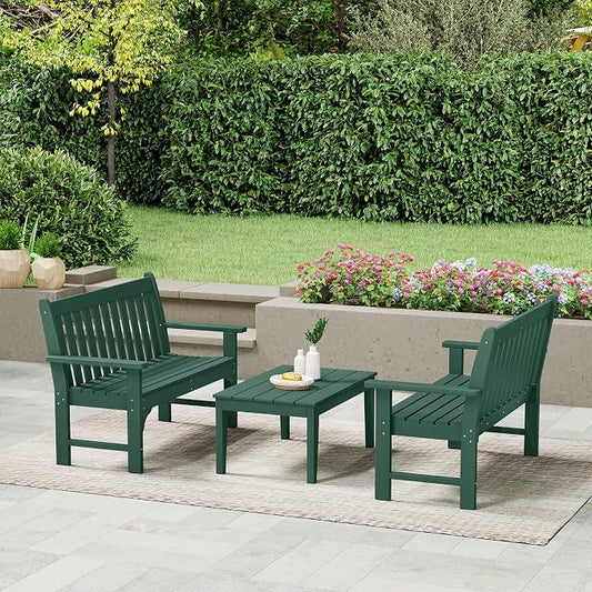 WestinTrends Malibu 3-Piece HDPE Outdoor Patio Furniture Couch and Coffee Table Set, Dark Green