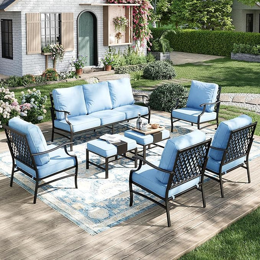 MIXPATIO Patio Furniture Set 7 pcs, Outdoor Patio Furniture, 3-Seat Sofa, 4 Single Chairs, 2 Ottomans and 5.75" Extra Thick Cushion, Patio Conversation Set for Garden Backyard Deck,Blue